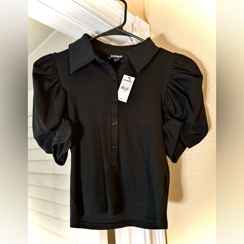 Express Black Button-Up Puff Sleeve Blouse- NWT